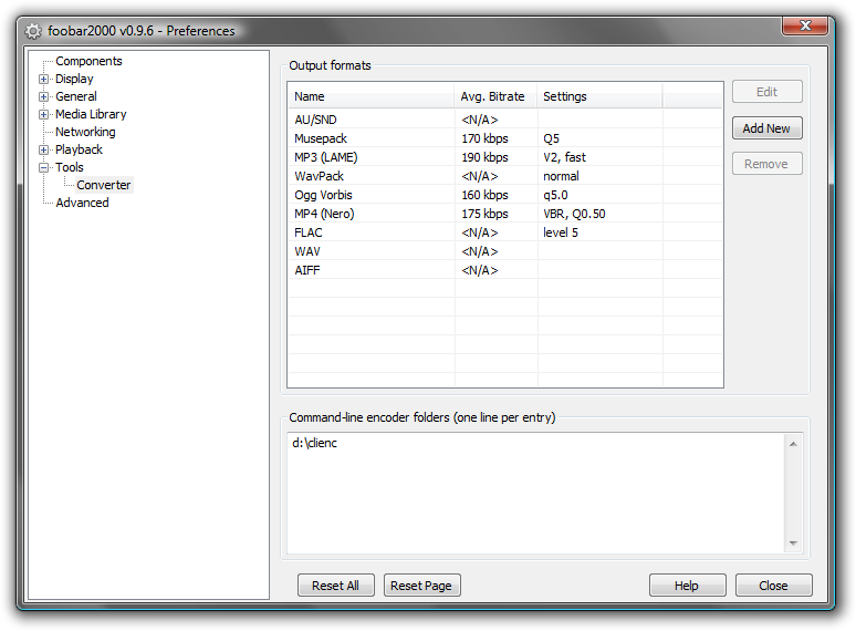 Foobar2000 converter preferences window displaying audio output format options including FLAC, WAV, and AIFF