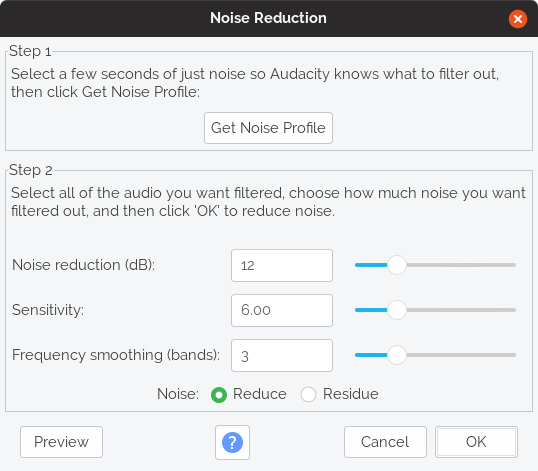 Audacity noise reduction settings used to remove high-frequency hiss from audio recordings