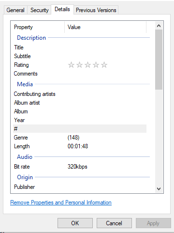 Screenshot of the Windows Properties “Details” tab for an MP3 file, showing editable ID3 tag fields such as Title, Album Artist, Album, Year, Genre, and Bitrate.