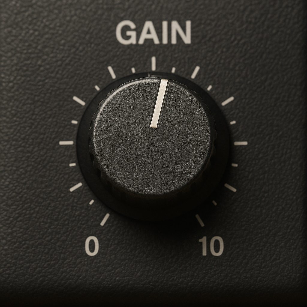 Close-up of a gain knob labeled from 0 to 10 used to adjust input gain on audio equipment