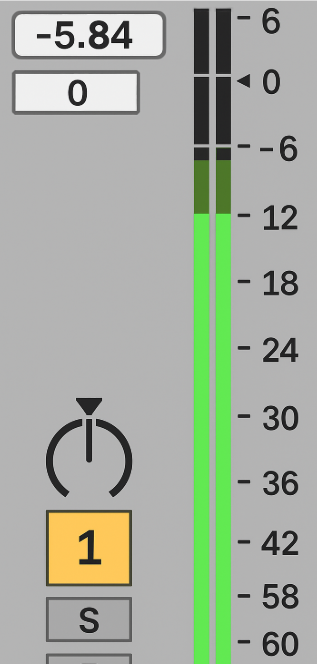 Ableton Live input gain meters showing peak level at -5.84 dB with green and black bars for visual monitoring