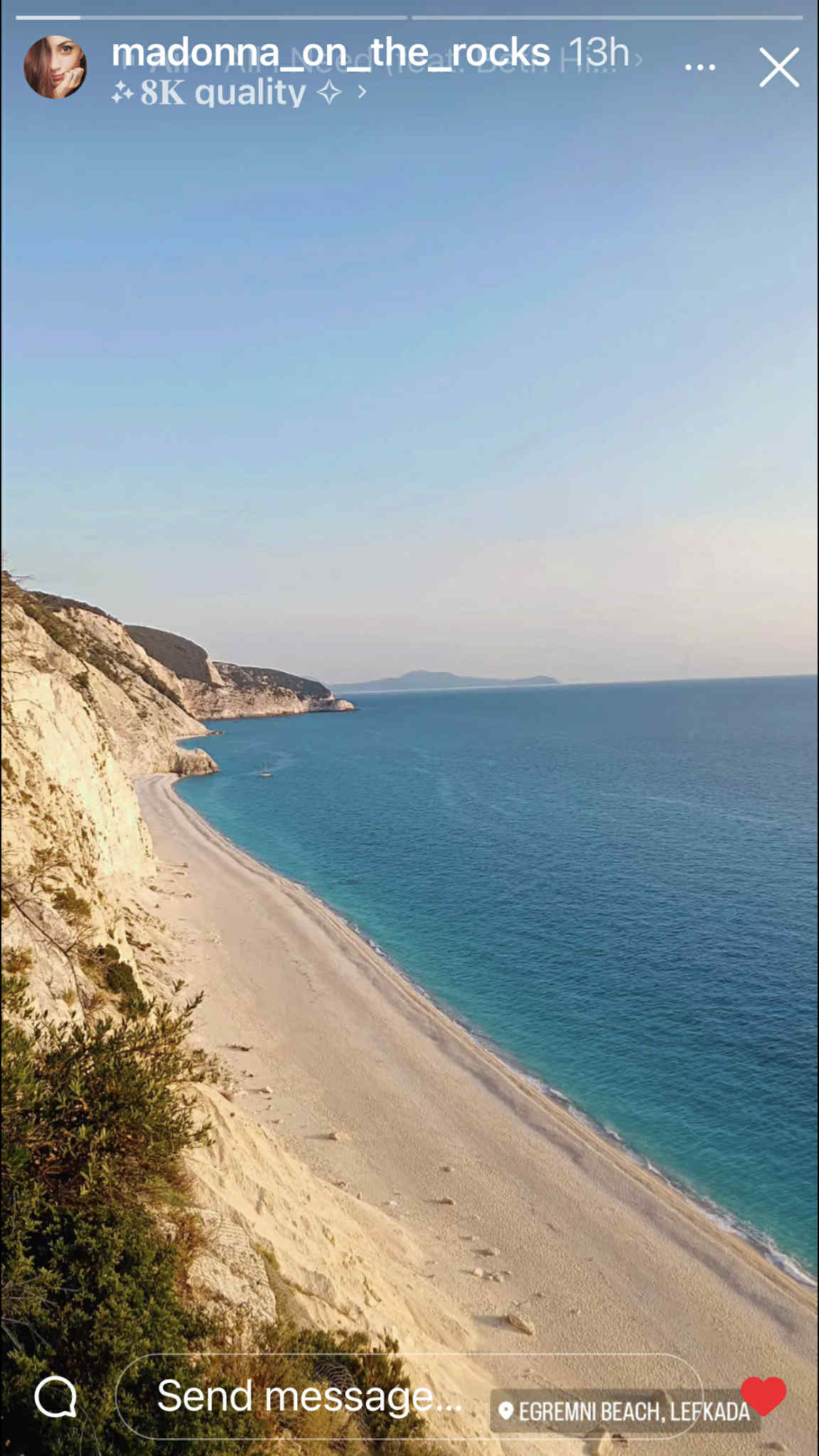 Instagram Story showing scenic beach photo with location tag and message field visible