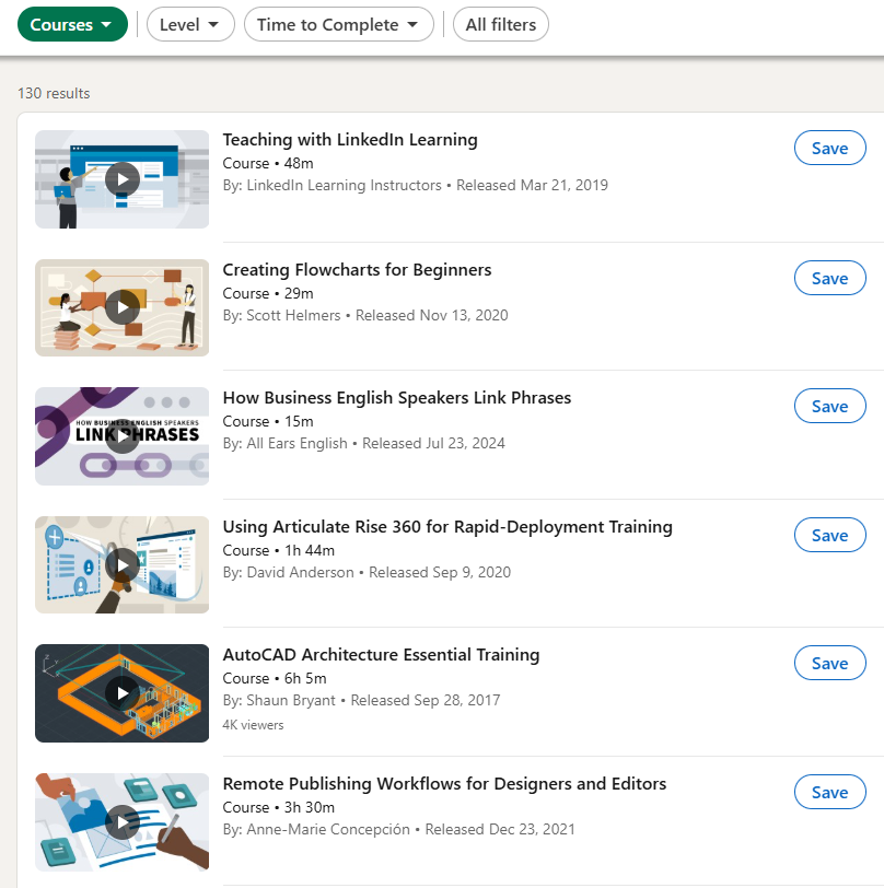 Screenshot of LinkedIn Learning showing a list of instructional video courses with durations, authors, and save options.