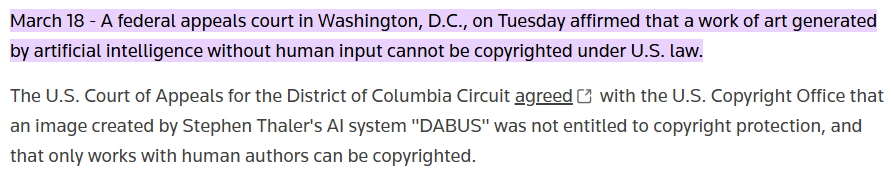 Screenshot showing a U.S. court decision that AI-generated works cannot be copyrighted under intellectual property rights