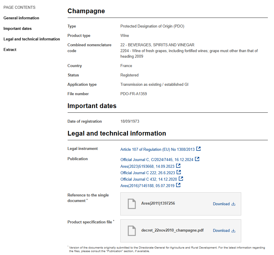 Screenshot of the EU registry entry for Champagne under geographical indication intellectual property rights