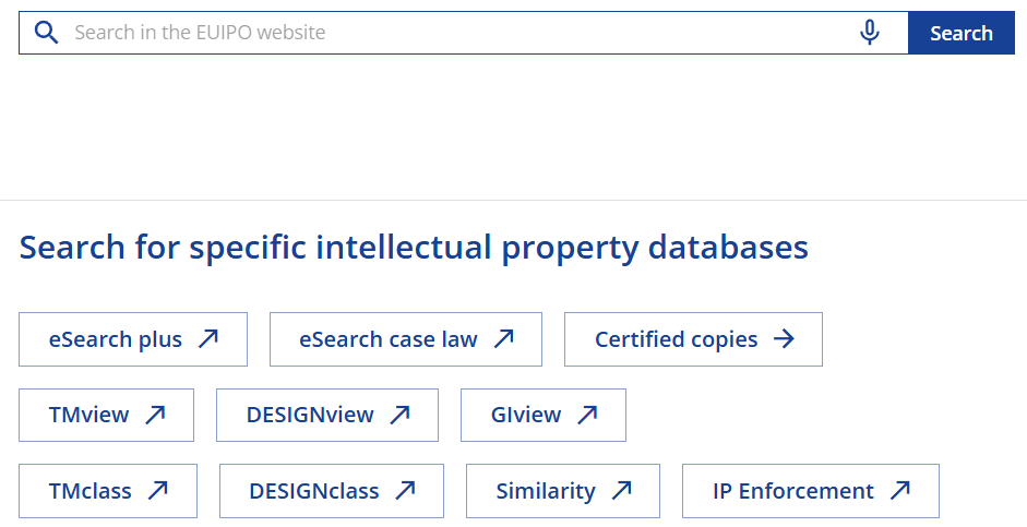 Screenshot of EUIPO database showing tools to search trademarks and designs under intellectual property rights
