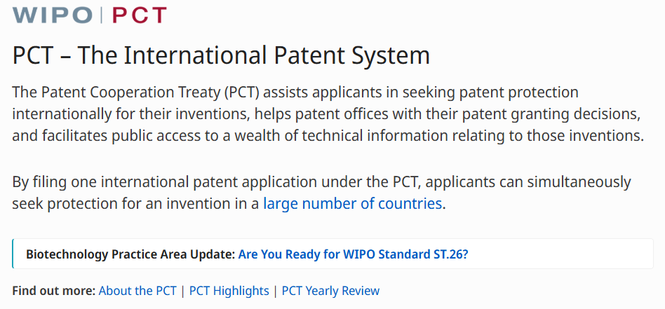Screenshot from WIPO outlining international patent filing process under intellectual property rights