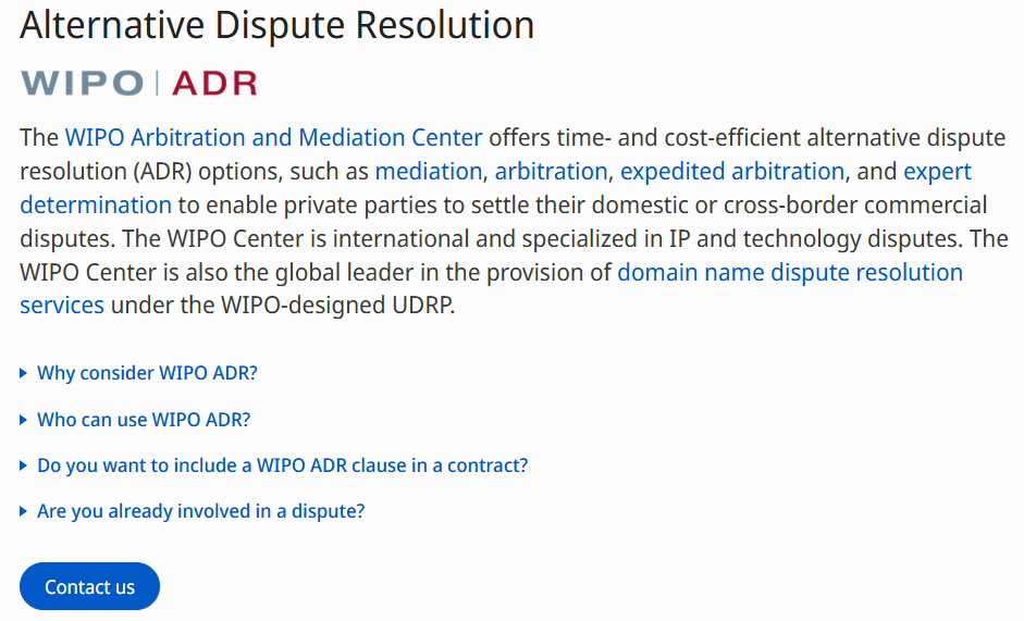 Screenshot of the WIPO Arbitration and Mediation Center handling intellectual property rights disputes through ADR