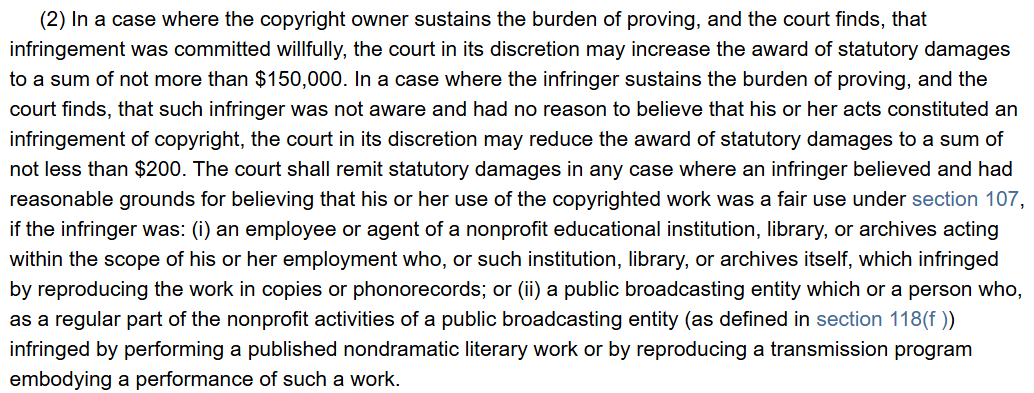 Excerpt from U.S. copyright law explaining statutory damages, with courts allowed to award up to $150,000 for willful infringement and reduce to $200 in cases of unintentional or nonprofit educational use.