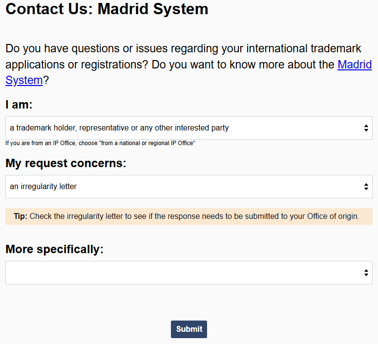 Madrid System contact form for international trademark support under global Intellectual Property systems