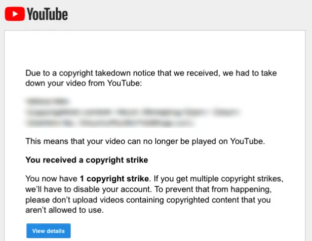 YouTube Intellectual Property enforcement notice for copyright takedown and user strike warning