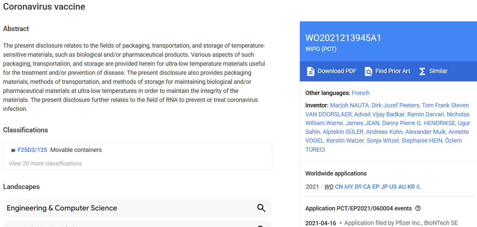 Patent filing details for Pfizer’s COVID-19 vaccine highlighting Intellectual Property protection of medical innovation
