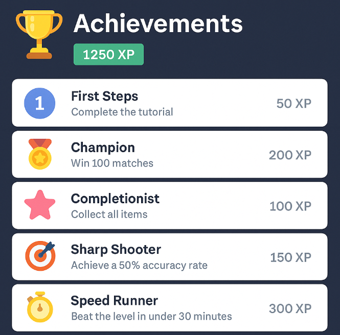 Gamification achievement interface showing XP rewards, common in Interactive Media applications like games and e-learning.
