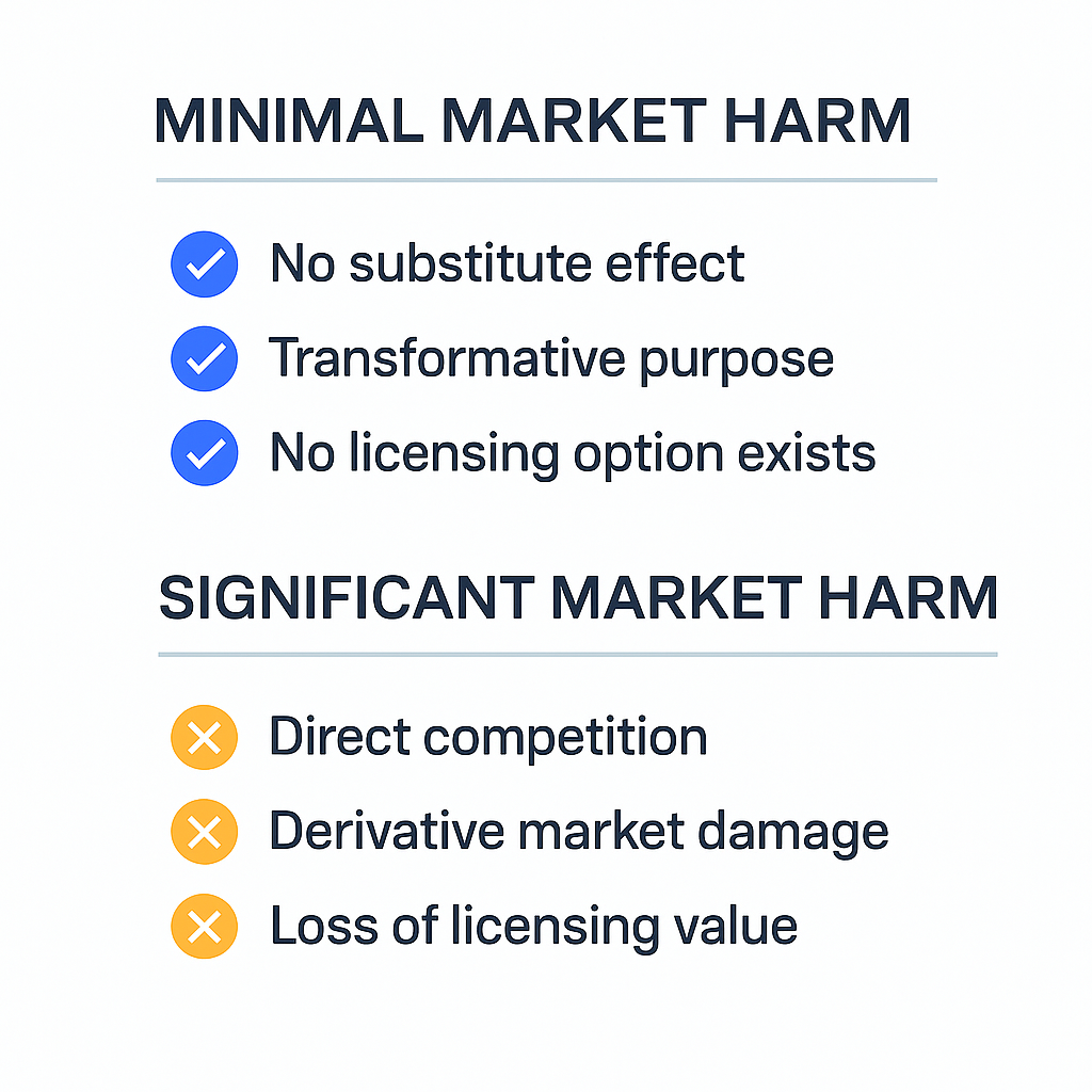 Infographic showing two categories for fair use: minimal market harm includes no substitute effect, transformative use, and no licensing option; significant market harm includes direct competition, derivative market damage, and loss of licensing value.