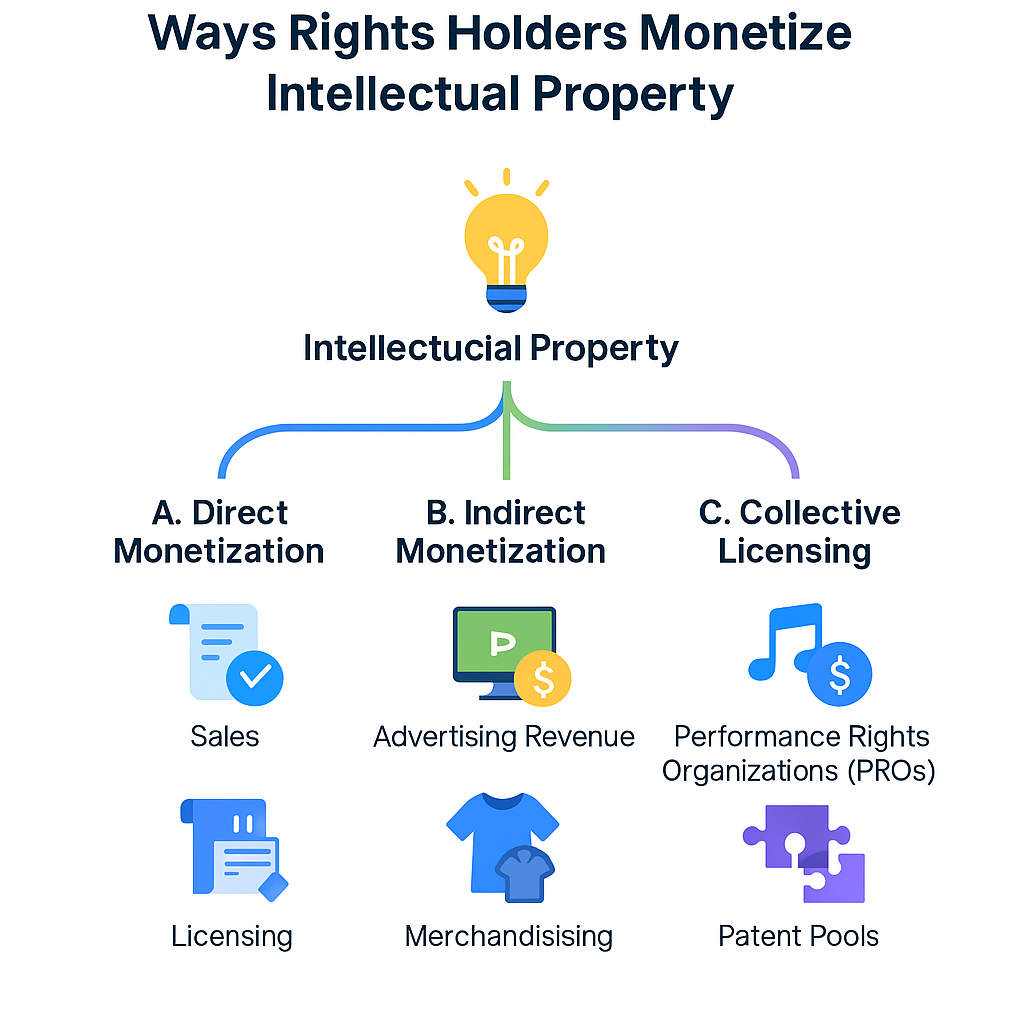 Flowchart showing how rights holders monetize intellectual property through direct sales, licensing, and collective licensing.