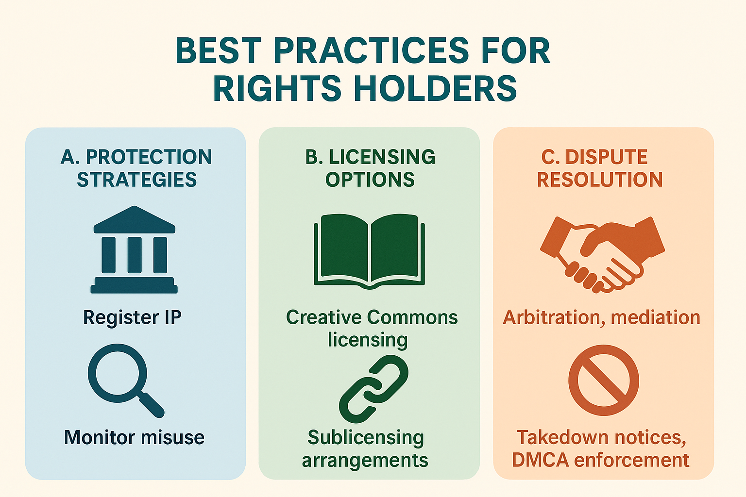 Infographic listing best practices for rights holders, including protection strategies, licensing options, and dispute resolution.