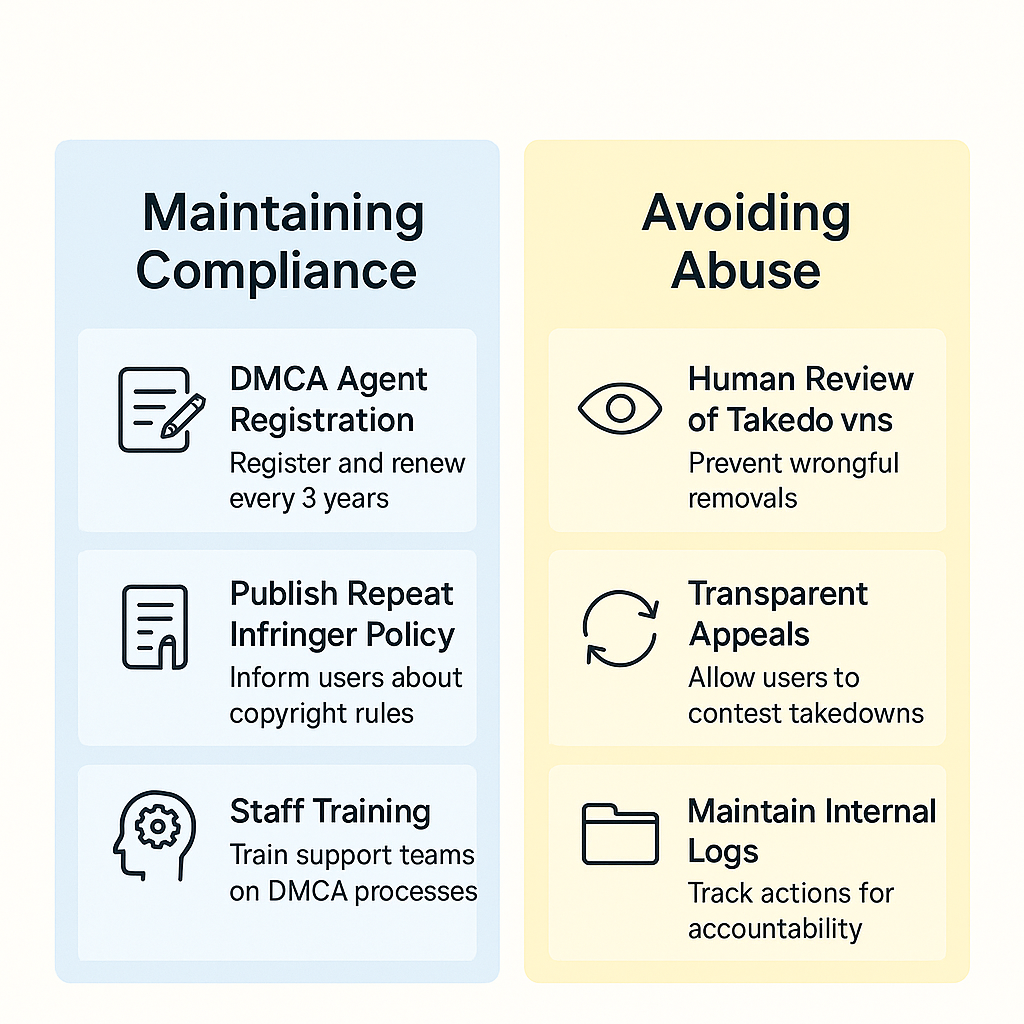 Infographic outlining platform best practices for Safe Harbor compliance and preventing abuse through human review and appeals.