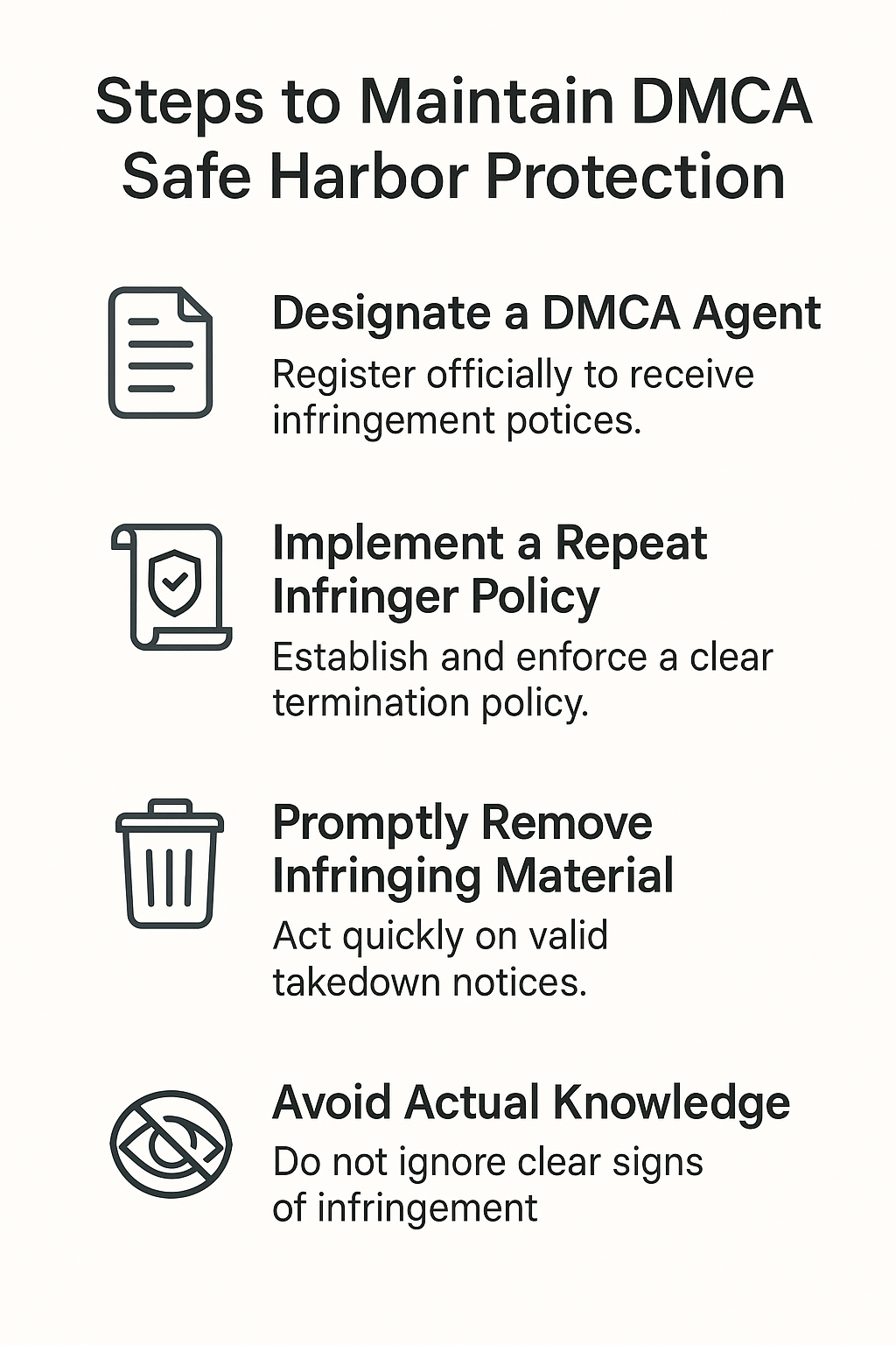Infographic listing key steps to maintain DMCA Safe Harbor protection, including agent registration and repeat infringer policies.