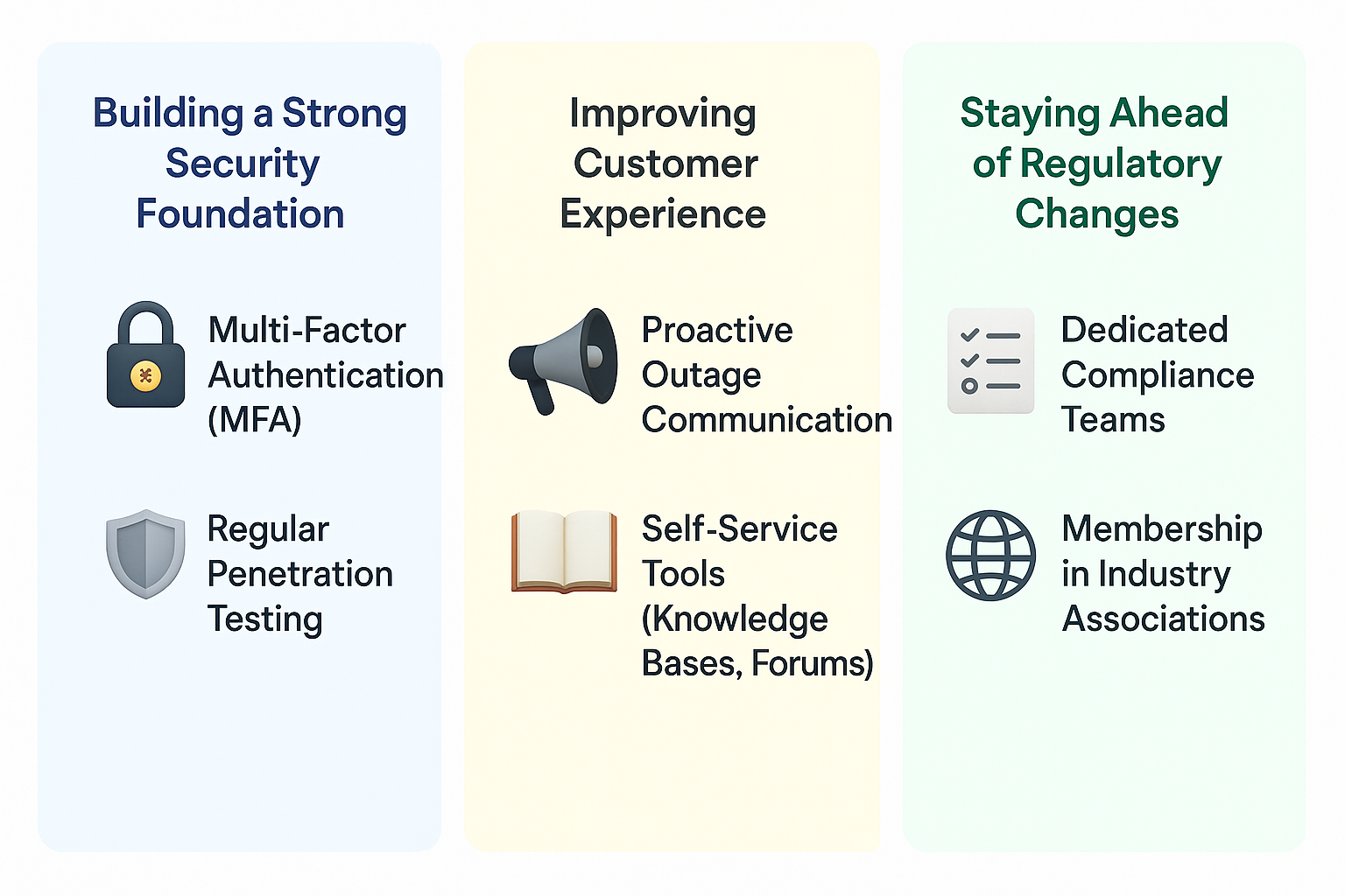 Infographic showing best practices for service providers, including security foundations, customer experience, and regulatory compliance.