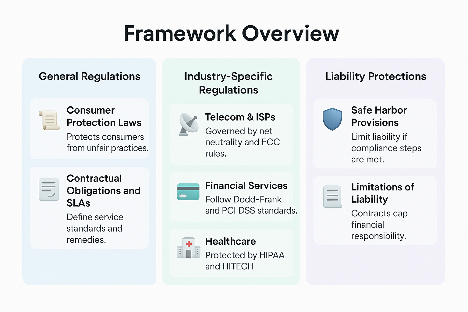 Infographic displaying the legal and regulatory framework for service providers, including general regulations, industry-specific rules, and liability protections.