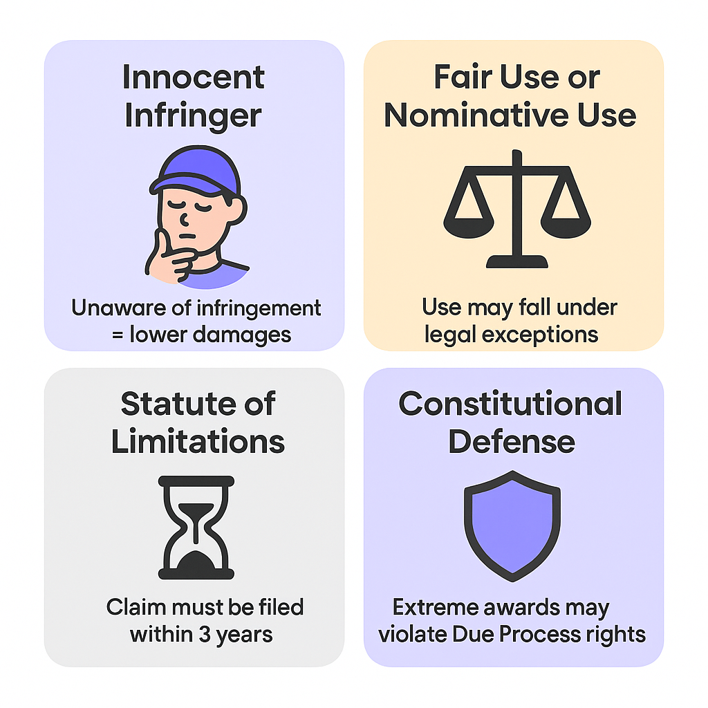 Infographic showing four defenses against statutory damages claims: Innocent Infringer, Fair Use or Nominative Use, Statute of Limitations, and Constitutional Defense.