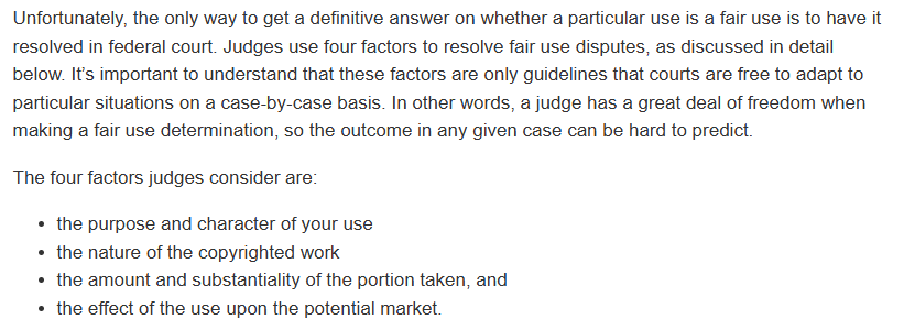 Screenshot explaining the four factors of fair use as recognized by U.S. courts, including purpose, nature, amount used, and market impact.