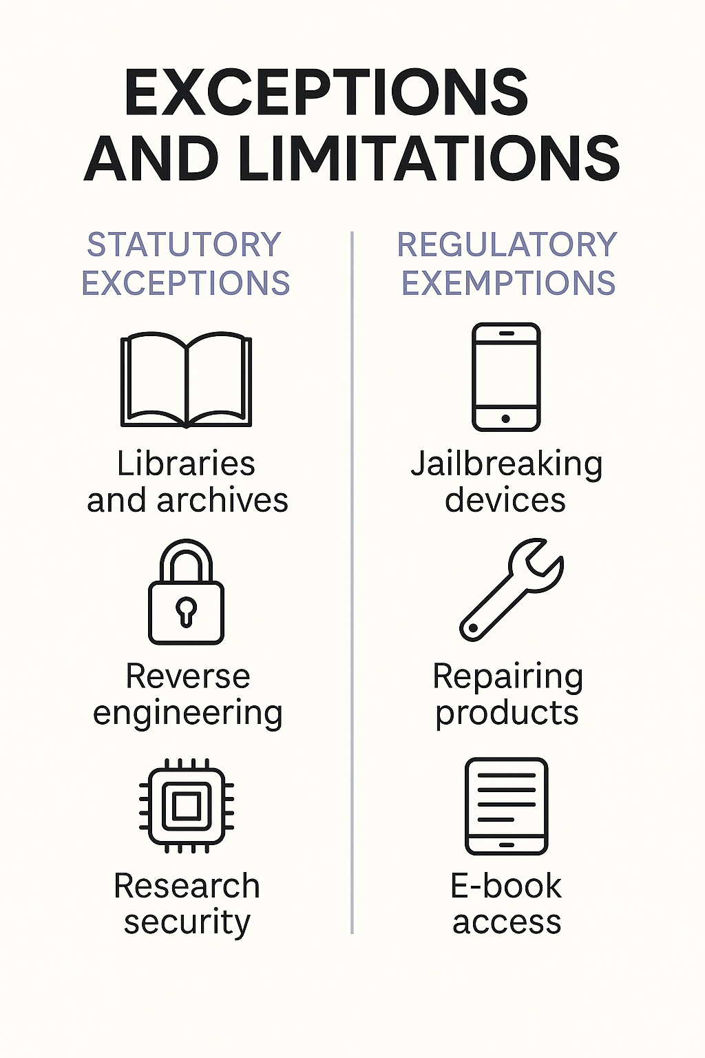 Infographic illustrating statutory exceptions and regulatory exemptions under WIPO Implementation rules.