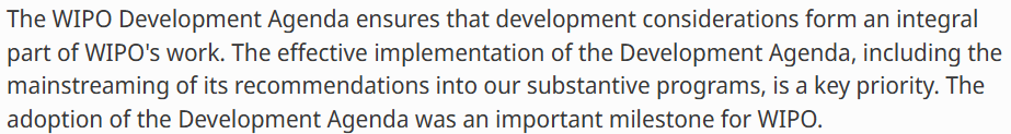 Screenshot from WIPO website describing the Development Agenda's role in promoting economic and social development through intellectual property policies.