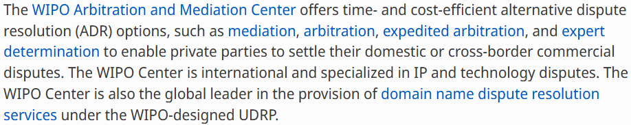 Screenshot from WIPO website outlining the Arbitration and Mediation Center’s services, including mediation, arbitration, expedited arbitration, and domain name dispute resolution.