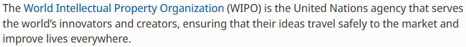Screenshot from WIPO website explaining the organization's mission to support innovators and creators worldwide by protecting intellectual property rights.