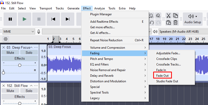Audacity Effect menu expanded to Fading with “Fade Out” highlighted to apply a gradual volume decrease.