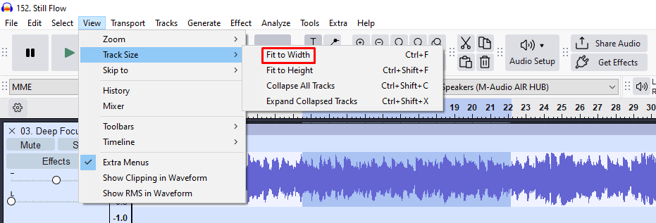 Audacity View menu expanded to Track Size with “Fit to Width” highlighted to adjust the track view.