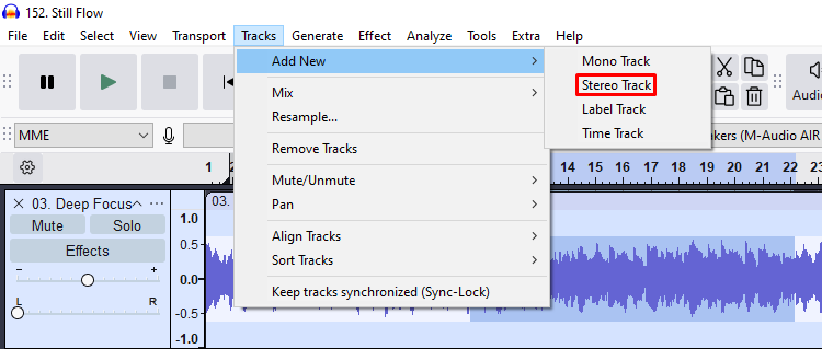 Audacity Tracks menu with “Add New > Stereo Track” highlighted to insert a new stereo track in the timeline.
