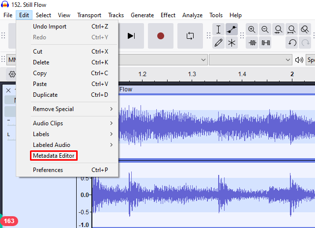 Audacity Edit menu open with “Metadata Editor” highlighted for accessing tag information.