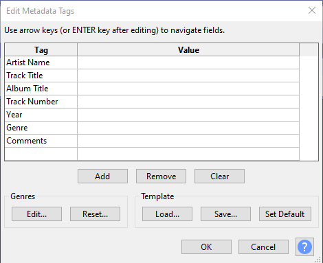 Audacity metadata editor window showing editable fields for artist name, track title, album title, and more.