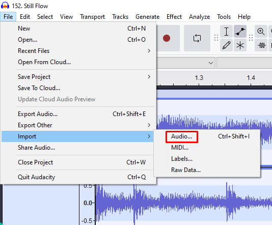 Audacity File menu expanded with “Import > Audio…” highlighted for importing external audio files