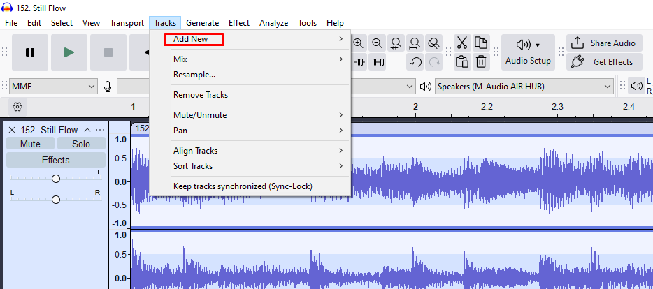 Audacity Tracks menu showing the “Add New” option highlighted to create a new audio track.