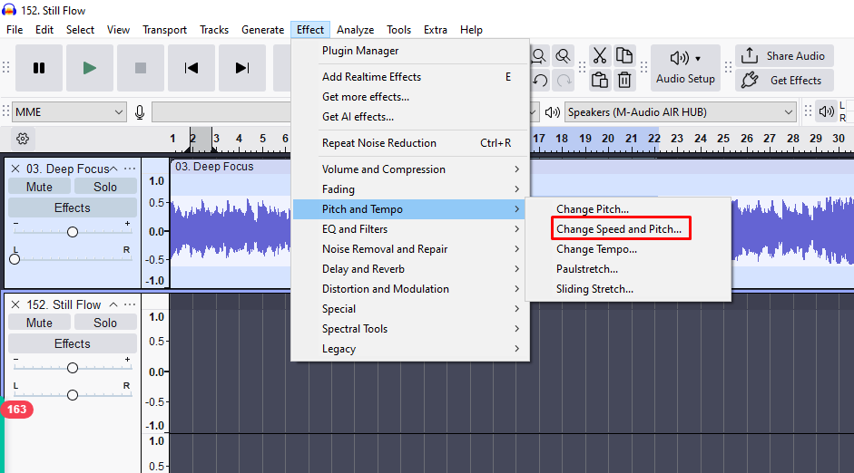 Audacity Effect menu expanded to “Pitch and Tempo” with “Change Speed and Pitch…” highlighted.