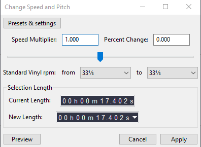 “Change Speed and Pitch” dialog box showing speed multiplier, percent change, and duration adjustment fields.