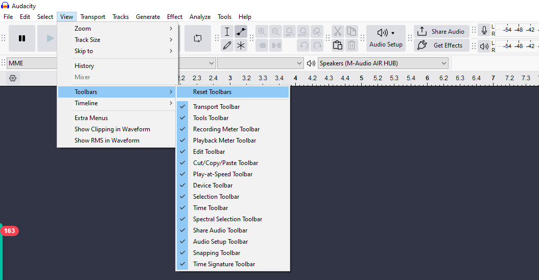 Audacity view menu showing all toolbars enabled under the “Toolbars” submenu.