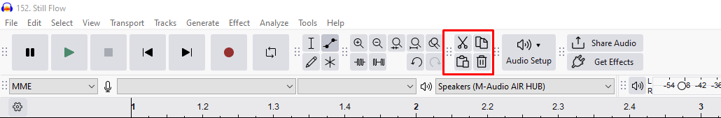 Audacity toolbar with cut, copy, paste, and delete icons highlighted.