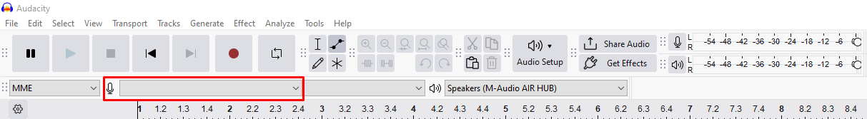 Audacity toolbar showing selected microphone input device dropdown.