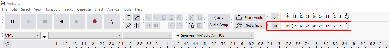 Audacity showing the playback output volume level meter.