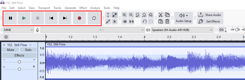 Audacity toolbar with basic playback and recording buttons highlighted, including play, stop, and record.