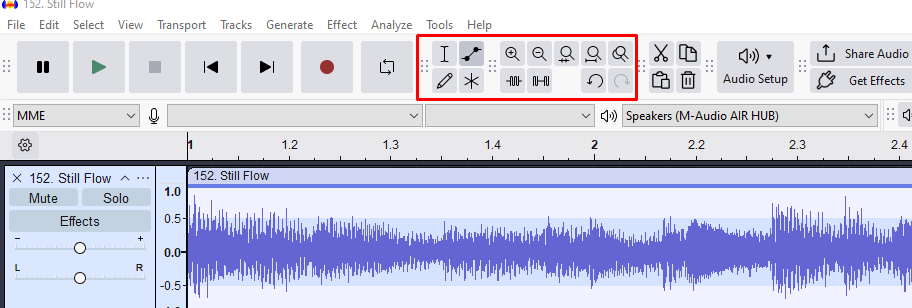 Audacity toolbar showing selection, zoom, envelope, and other key editing tools highlighted.