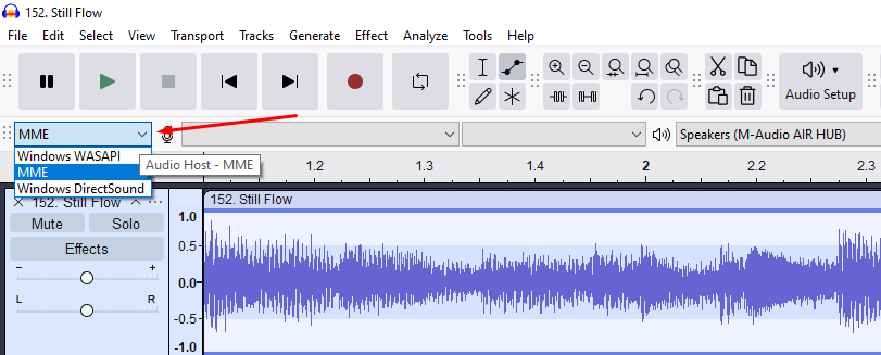 Audacity interface displaying the audio host dropdown menu with MME, Windows WASAPI, and DirectSound options.