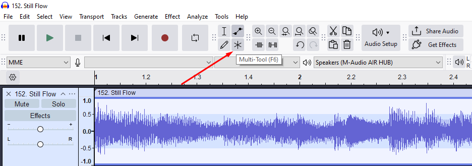 Audacity toolbar with the Multi-Tool icon highlighted, showing combined editing tools in one mode.