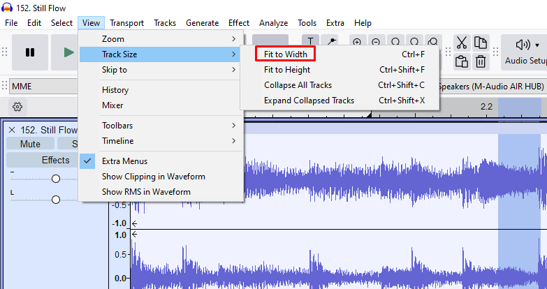 Audacity View menu expanded to Track Size with “Fit to Width” highlighted, showing track scaling options.