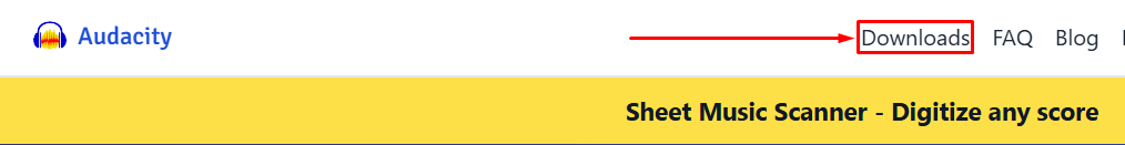 Audacity website navigation bar with the “Downloads” link highlighted