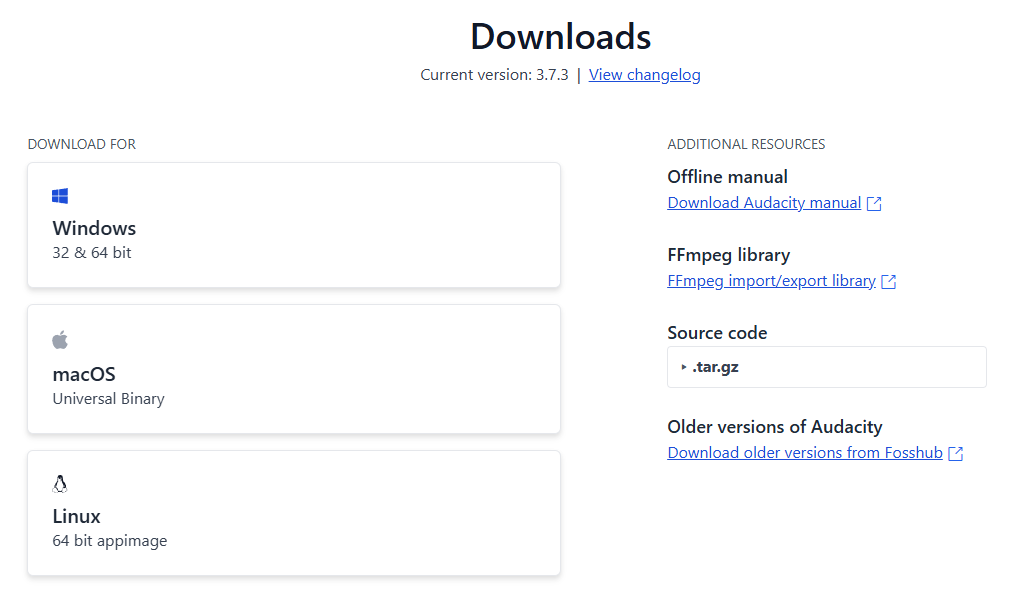 Audacity downloads page showing Windows, macOS, and Linux installer options.